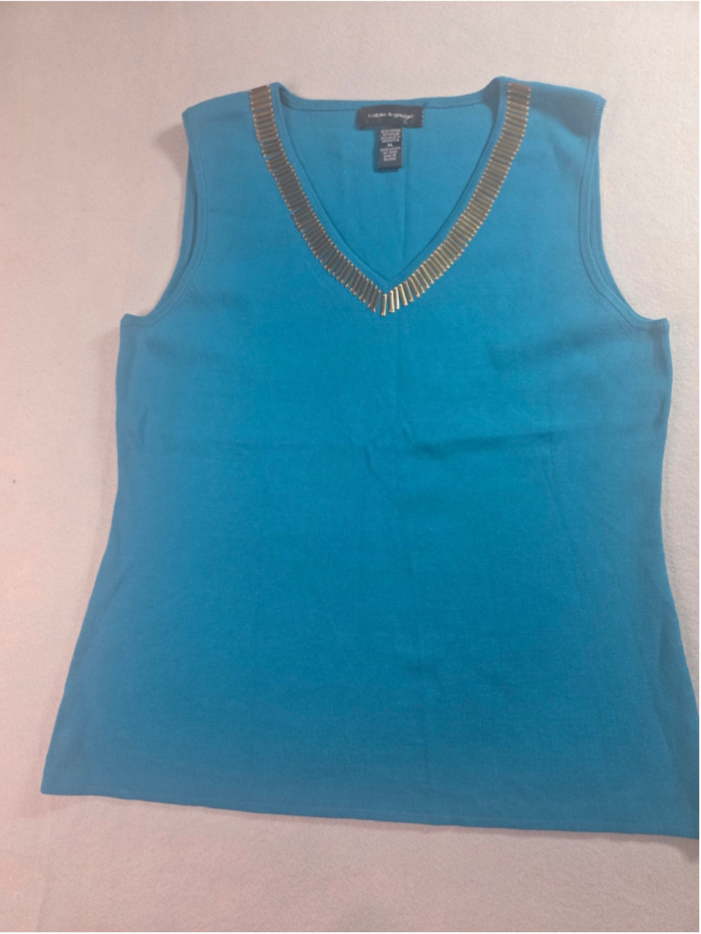 Women's Cable & Gauge Tank Top XL Blue Gold Embellished V-Neck